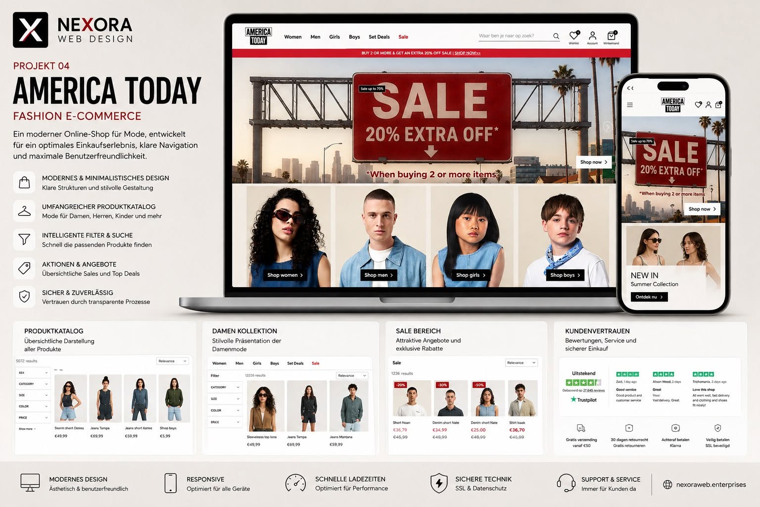 Projektpräsentation America Today — Fashion-Onlineshop auf Laptop und Smartphone mit Sale-Kampagne, Kollektionen und Produktfiltern