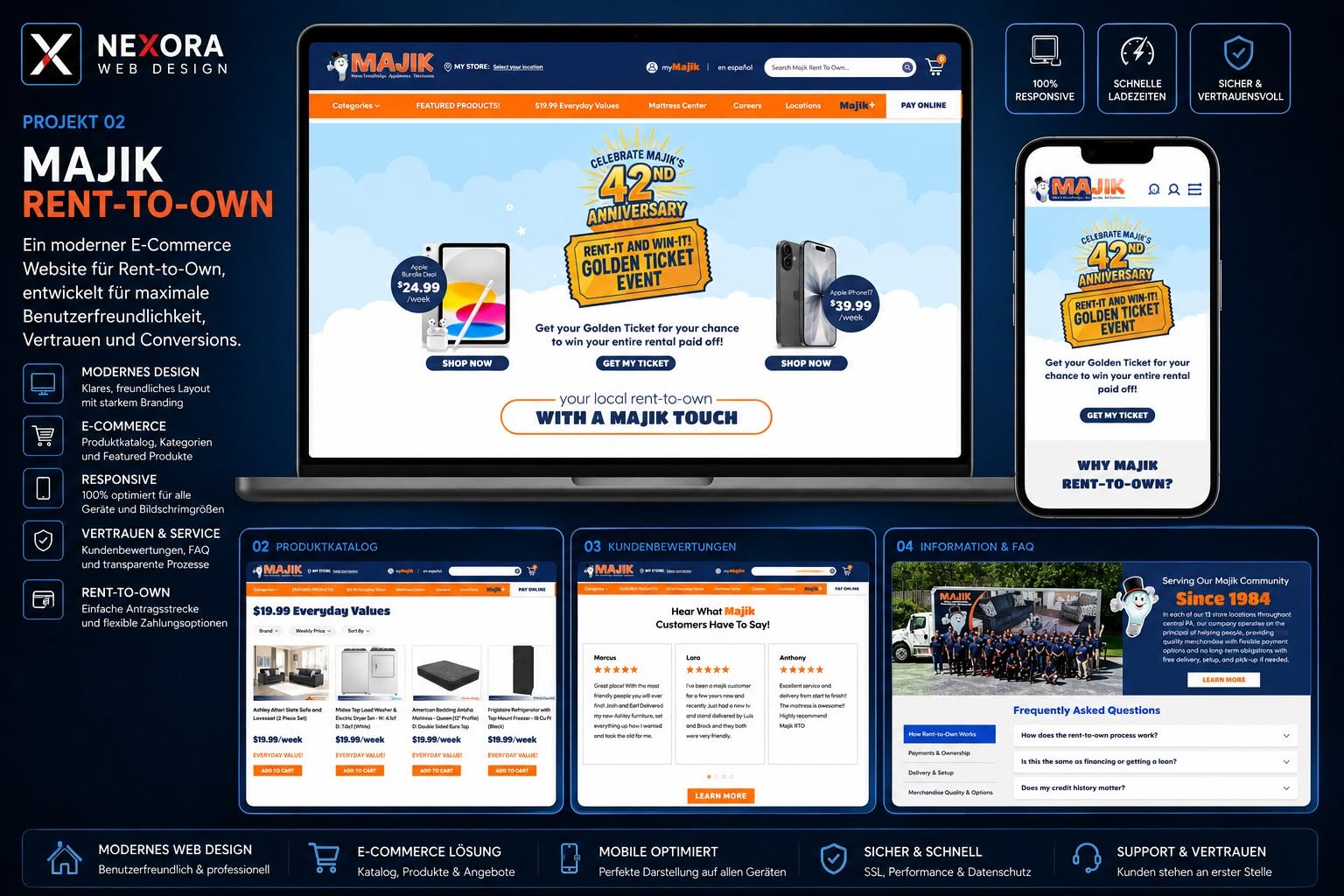 Projektpräsentation Majik Rent-to-Own — E-Commerce Website auf Laptop und Smartphone mit Produktkatalog, Kundenbewertungen und FAQ-Bereich